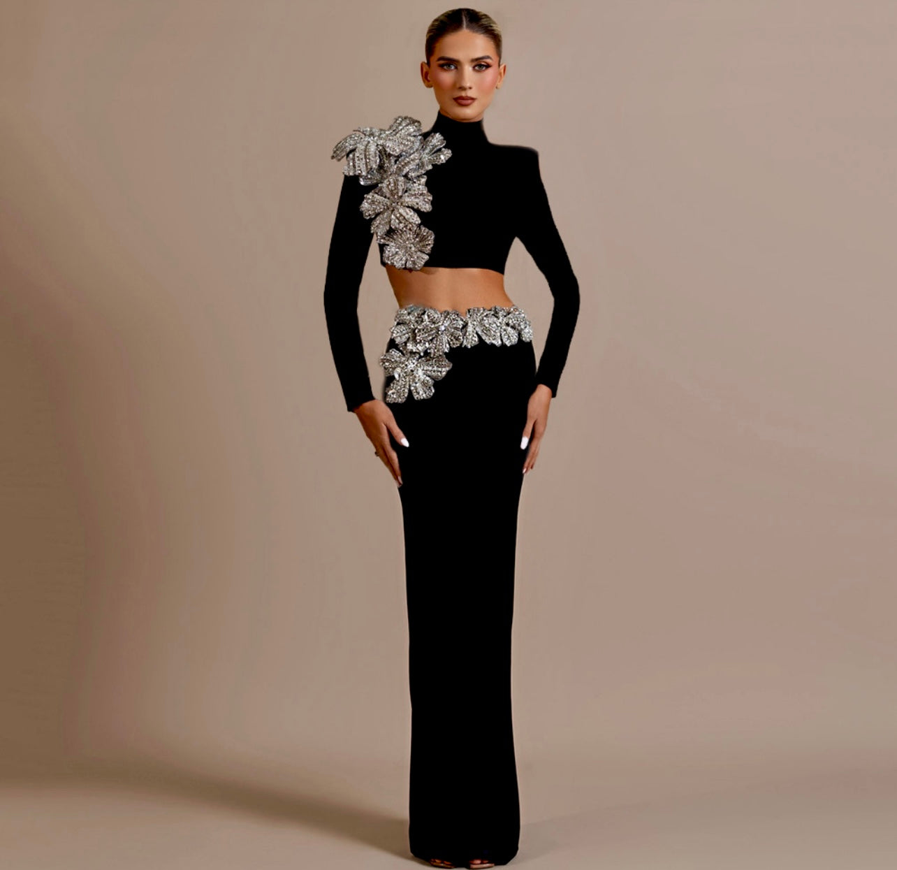 Crop Top Two-Piece Diamond Floral Bandage Set