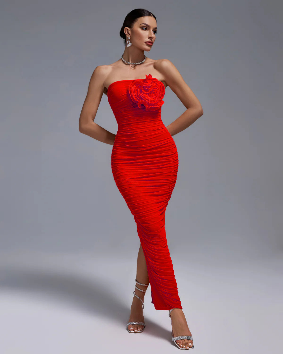 3D Flower Ruched Strapless Dresses