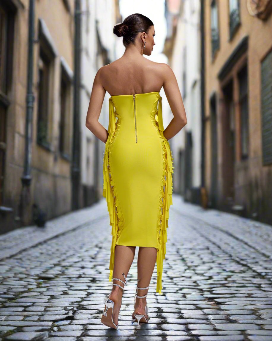Luxury Yellow Fringe Bandage Dress