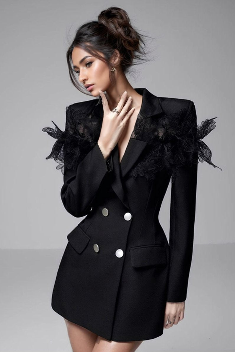Lace 3D Design Double Breasted Long Sleeve Blazer
