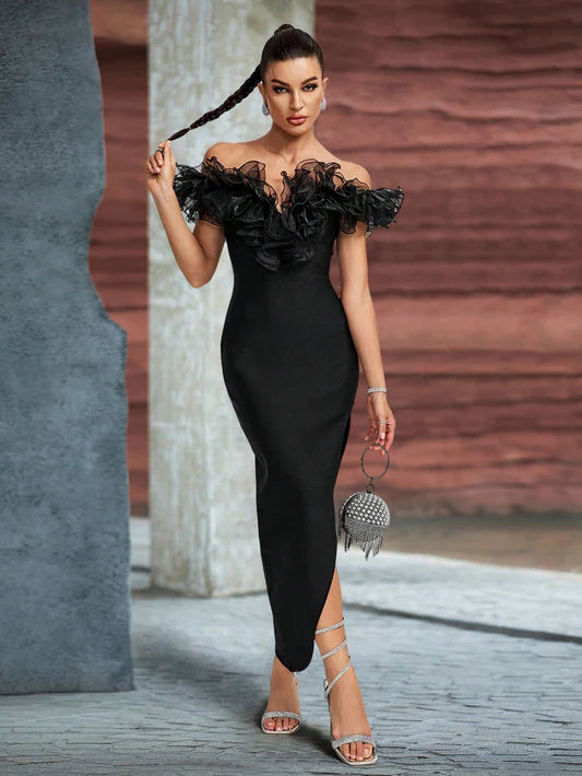 Mesh Shoulder Ruffles High Slit Bandage Dress