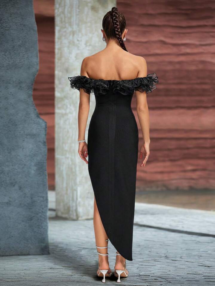 Mesh Shoulder Ruffles High Slit Bandage Dress