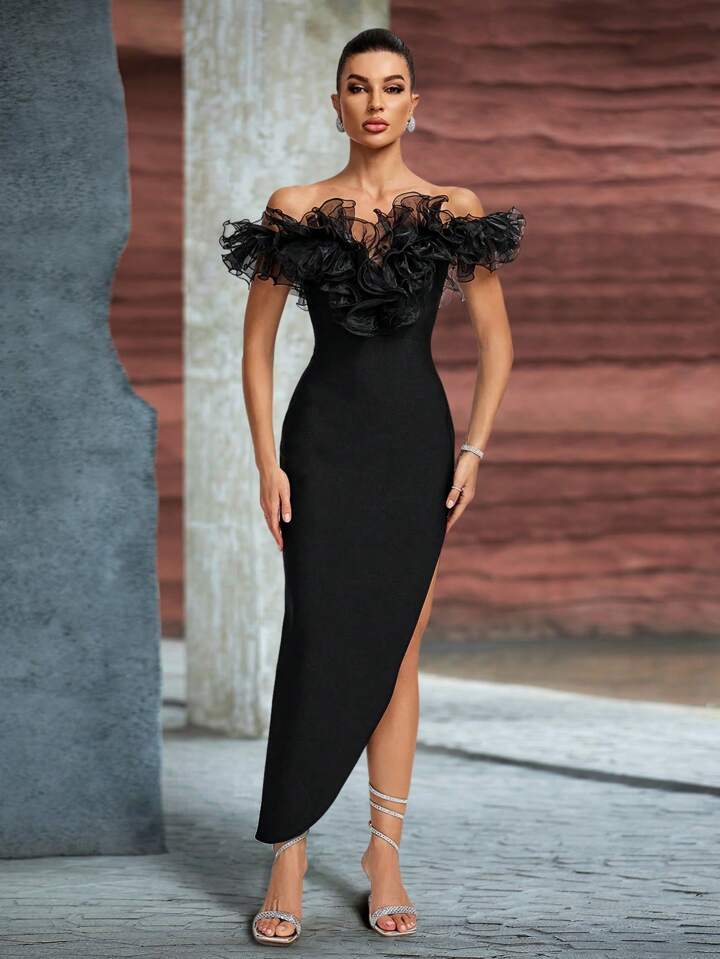 Mesh Shoulder Ruffles High Slit Bandage Dress