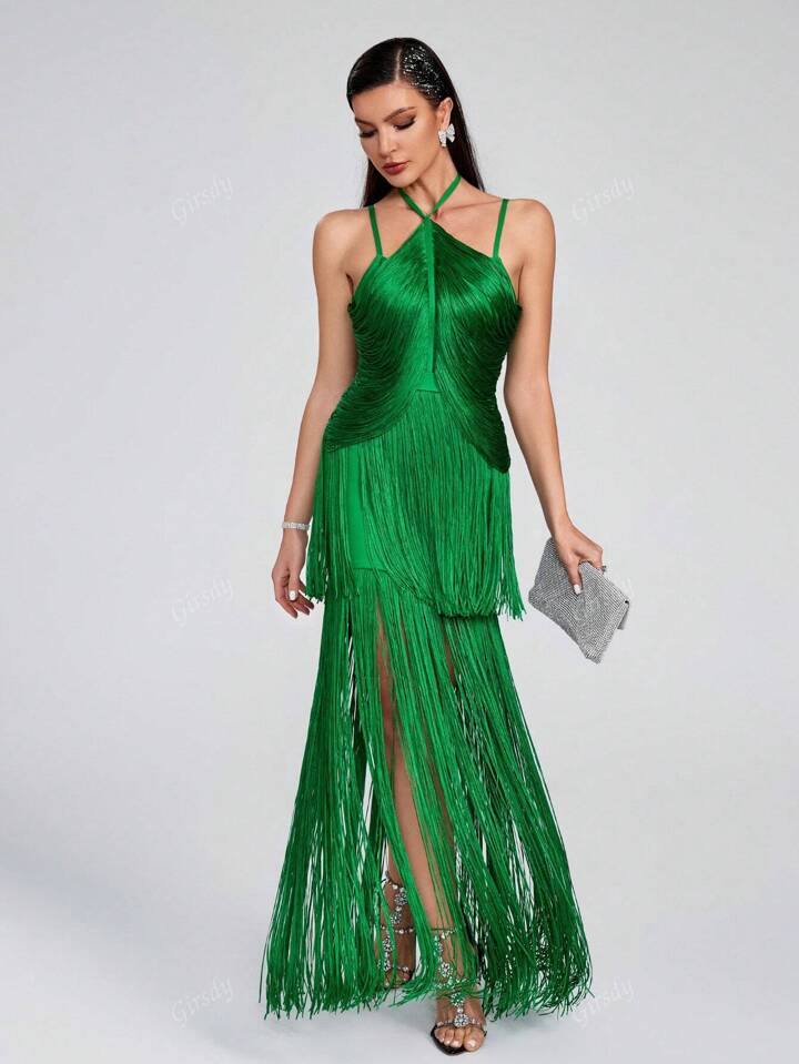 Spaghetti Strap Halter Neck Long Tassel Maxi Bandage Dress