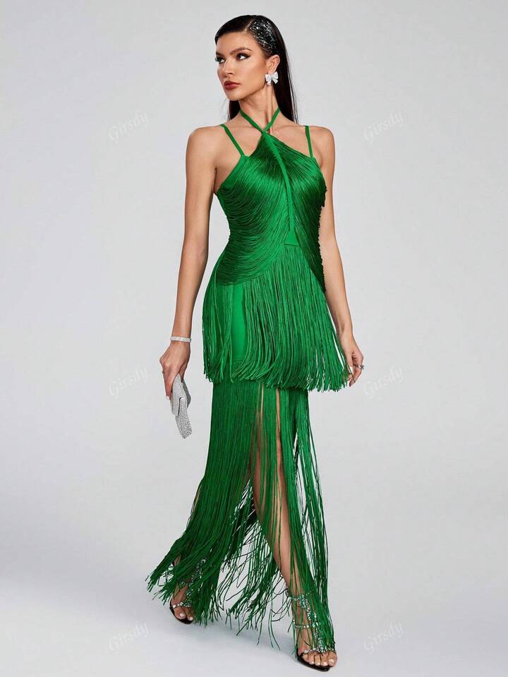 Spaghetti Strap Halter Neck Long Tassel Maxi Bandage Dress