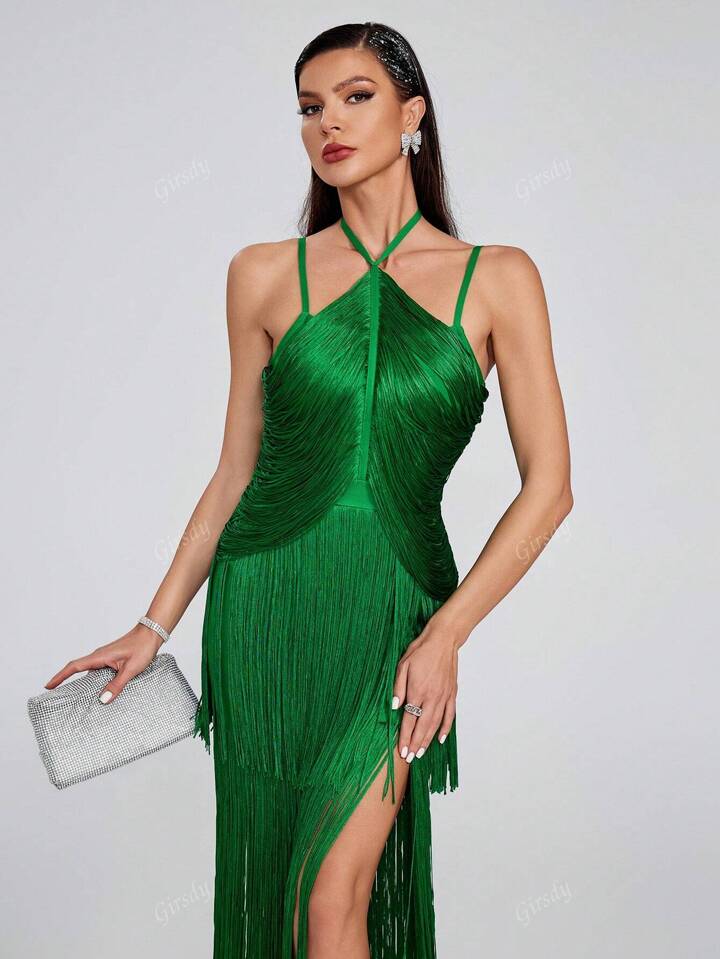 Spaghetti Strap Halter Neck Long Tassel Maxi Bandage Dress