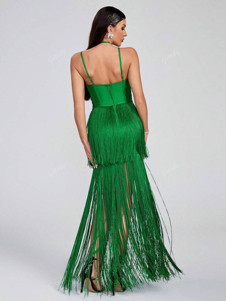 Spaghetti Strap Halter Neck Long Tassel Maxi Bandage Dress