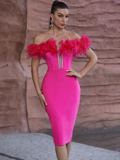 Plunging Feather Diamond Bandage Dress