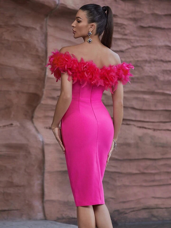 Plunging Feather Diamond Bandage Dress