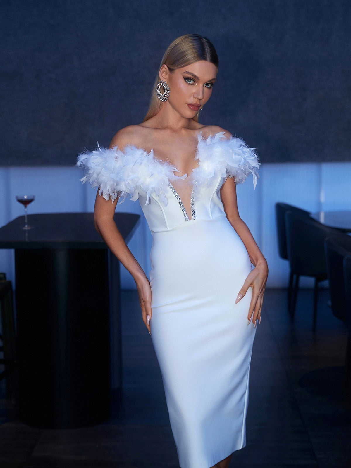 Plunging Feather Diamond Bandage Dress