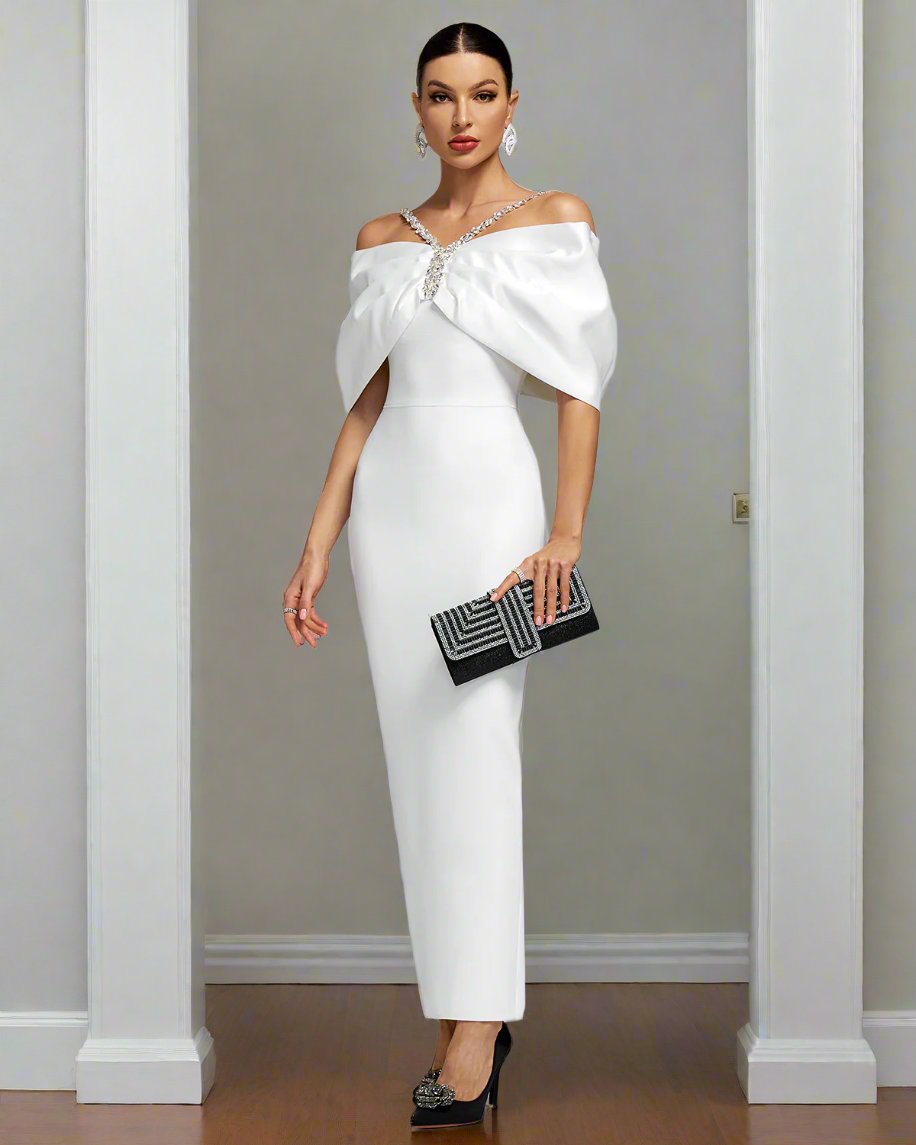 Shawl Shoulder Crystal Accent Bandage Dress