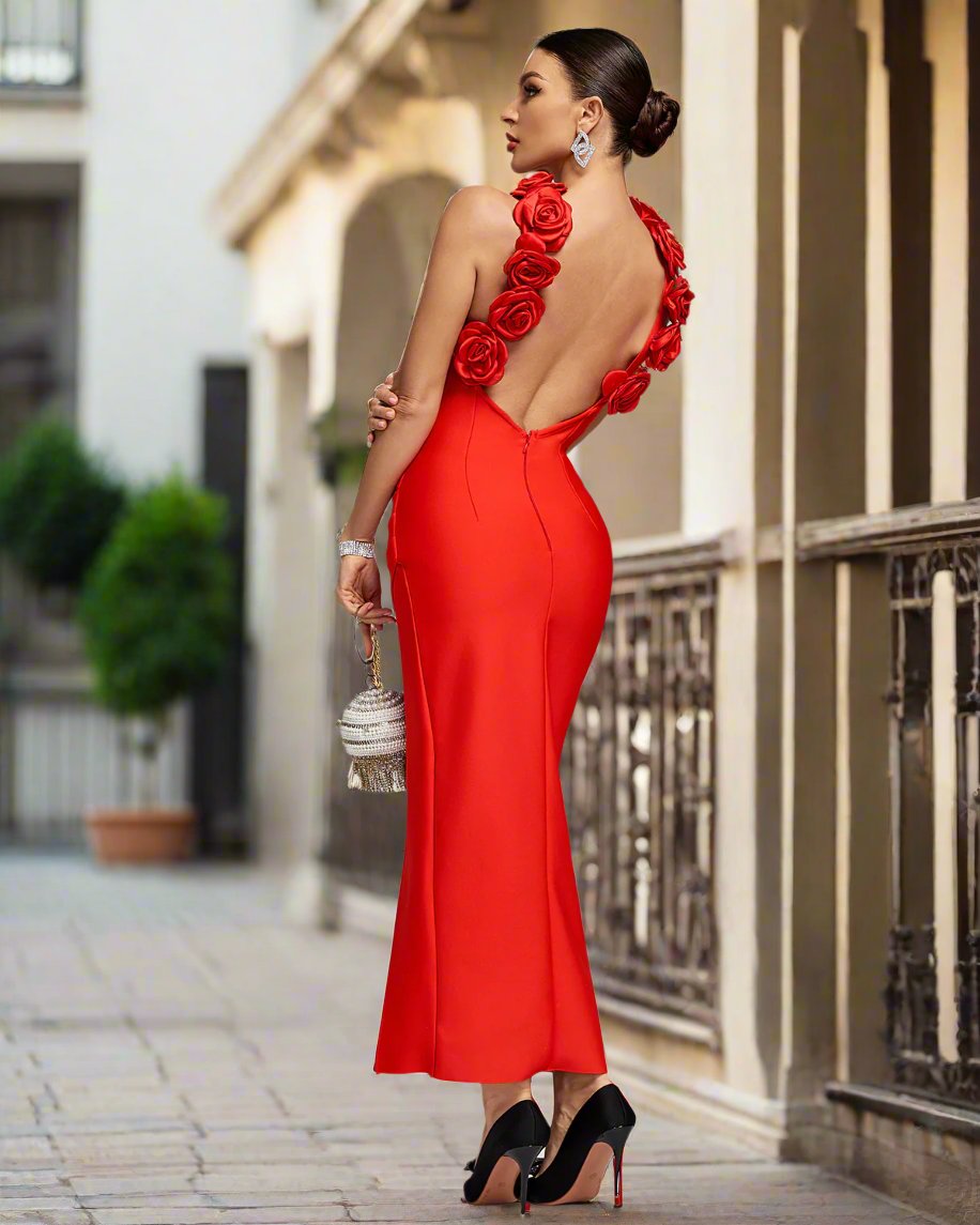 Rose Detail Backless High Split Bandage Dress