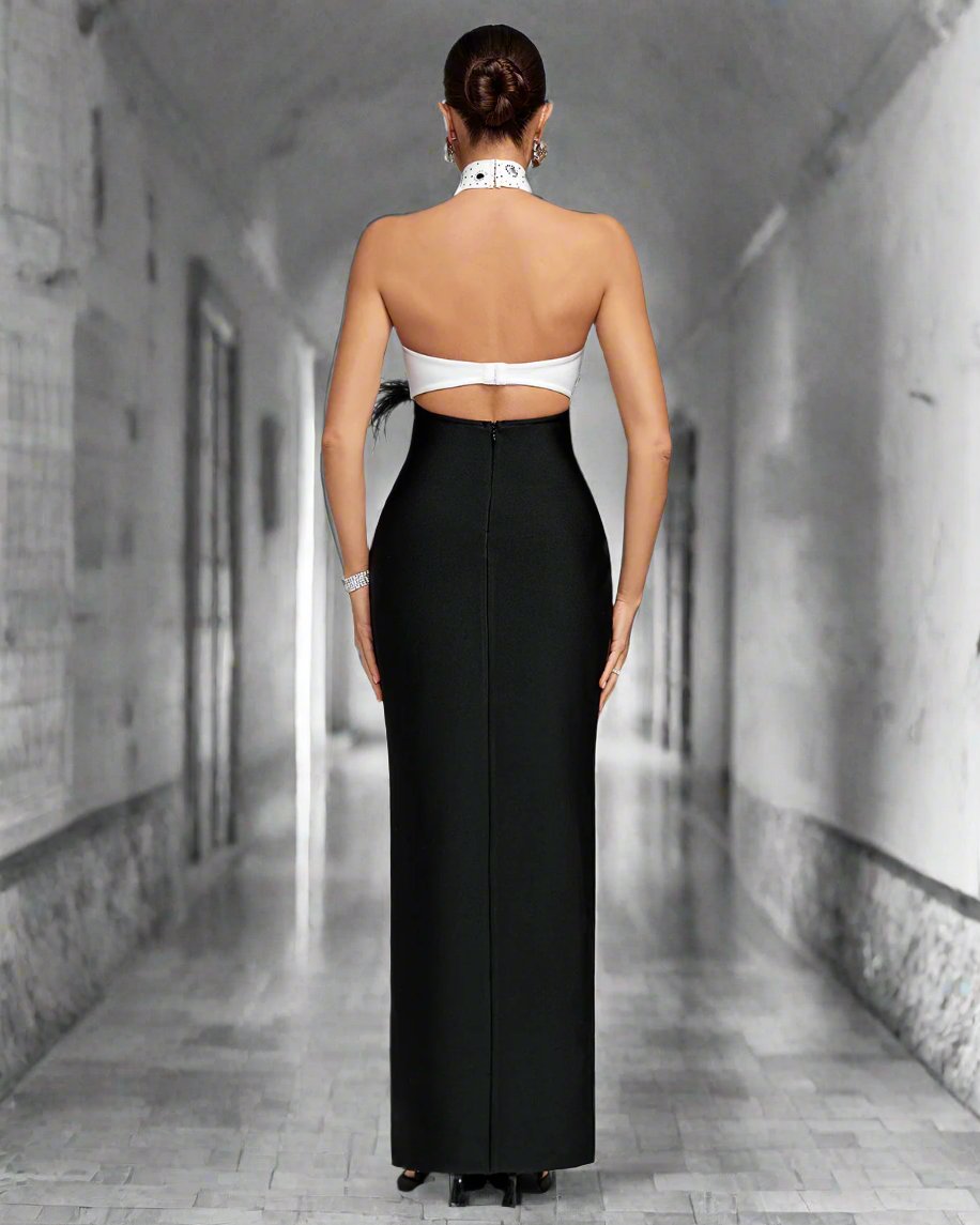 Crystal Neck Detail Waist Feather Bandage Dress