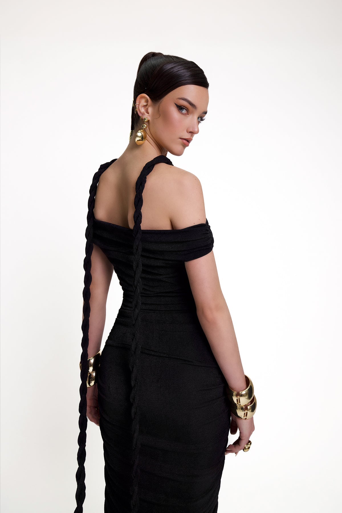 DRAPED OFF THE SHOULDER RUCHED DRESS