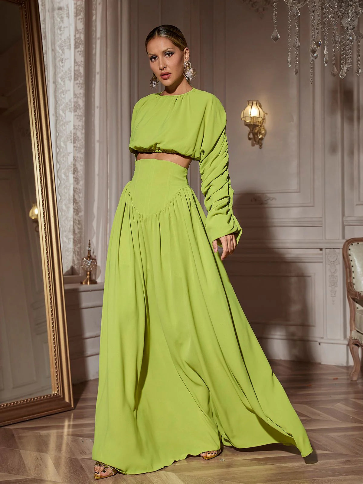 Long Ruched Sleeve Skirt Set