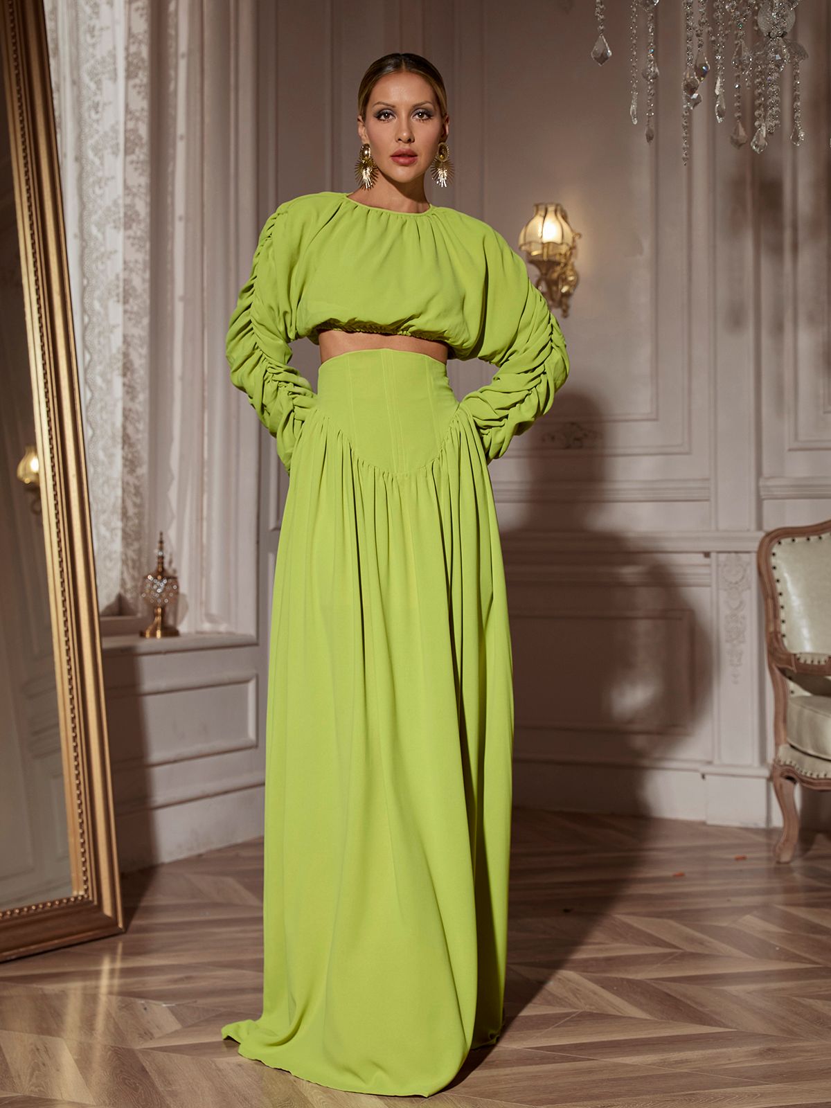 Long Ruched Sleeve Skirt Set