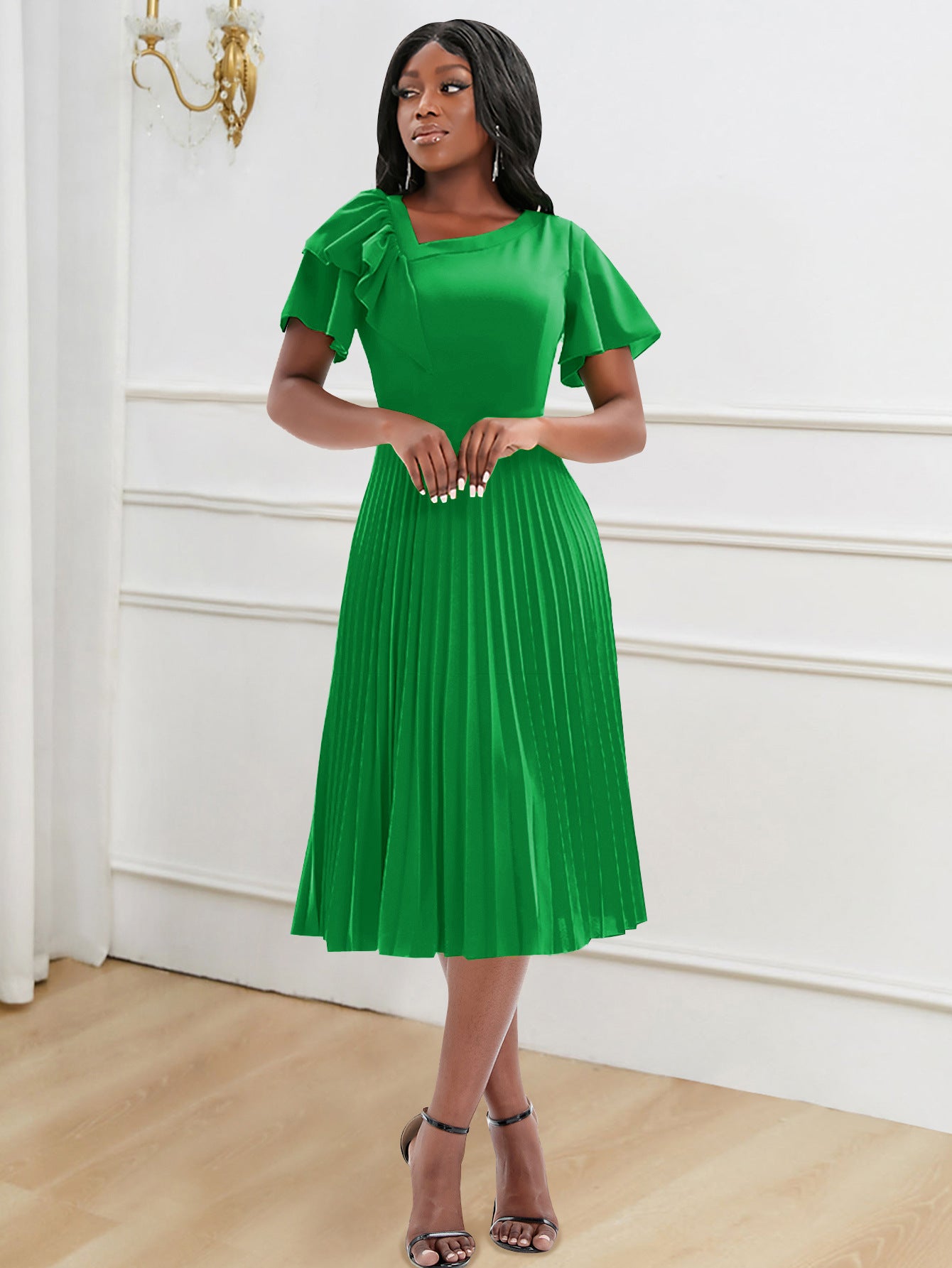 Butterfly Sleeve Pleated Hem Dress