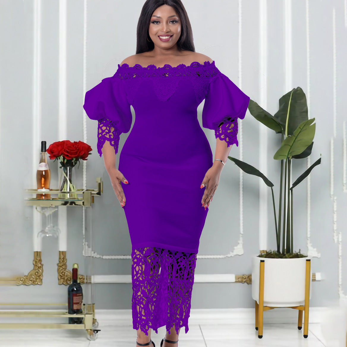 Lace Sleeve Lantern Sleeve Dress