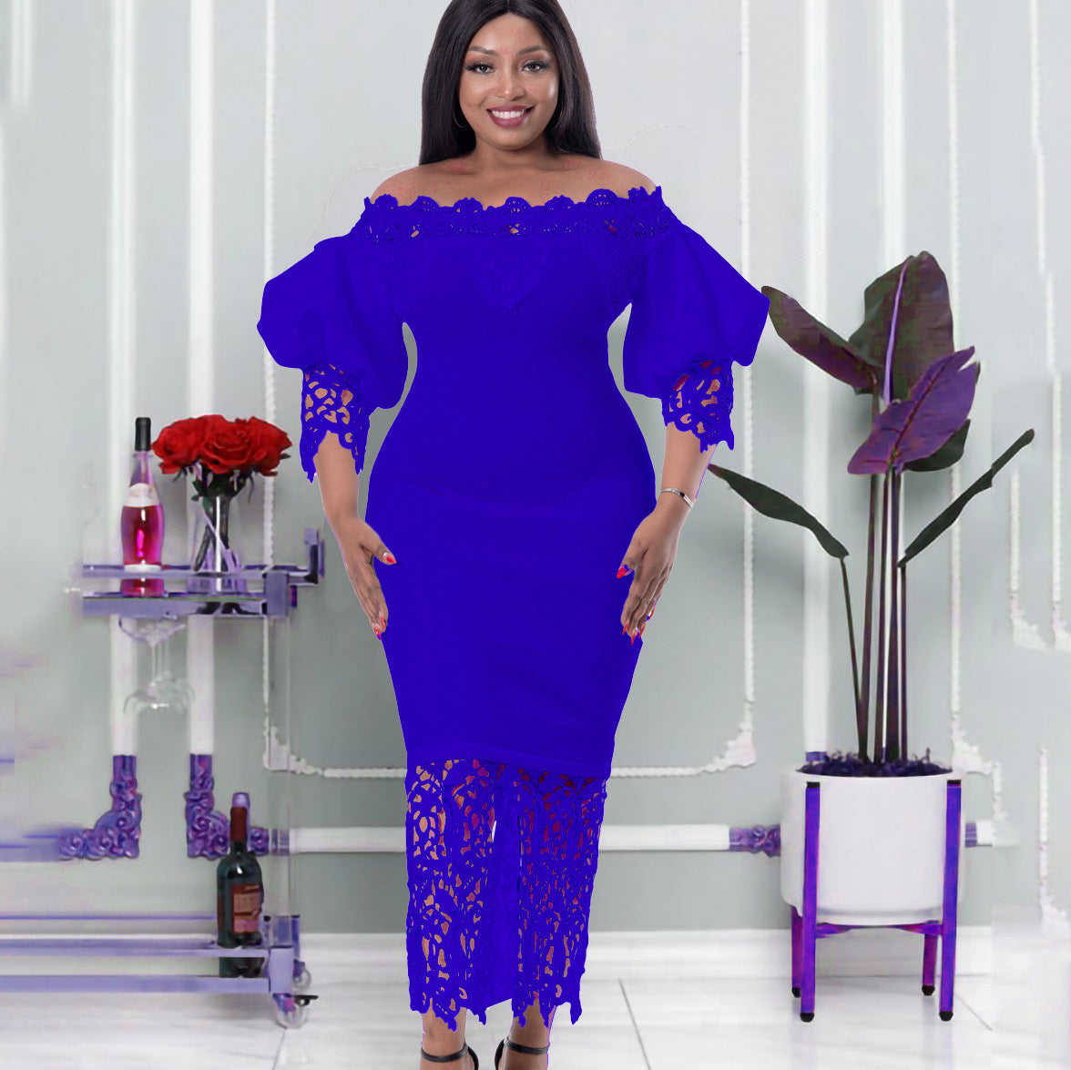 Lace Sleeve Lantern Sleeve Dress