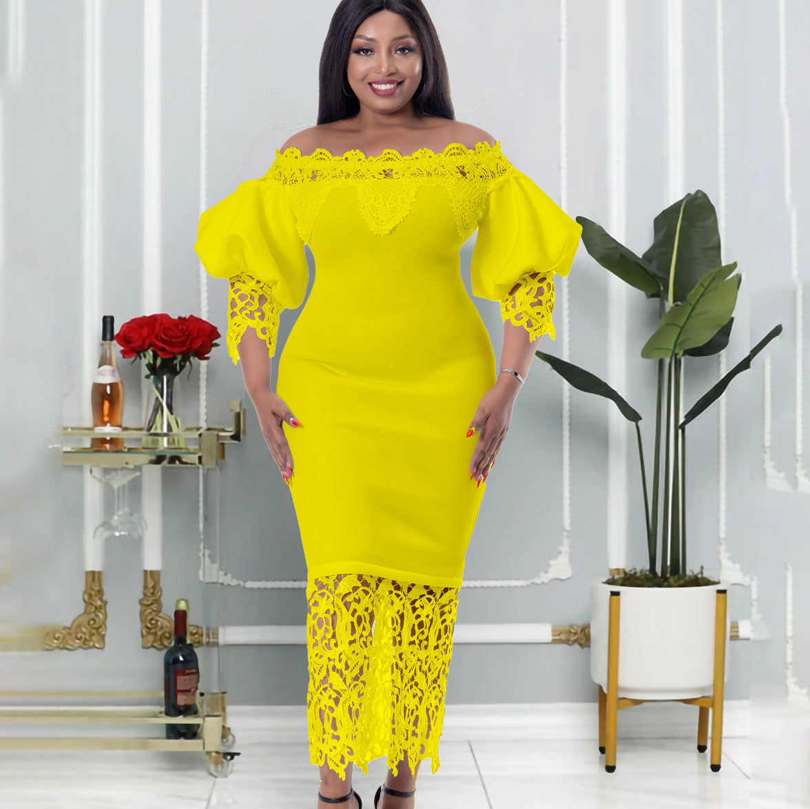 Lace Sleeve Lantern Sleeve Dress