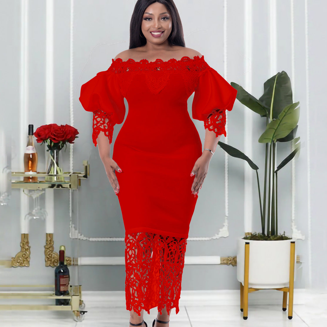 Lace Sleeve Lantern Sleeve Dress