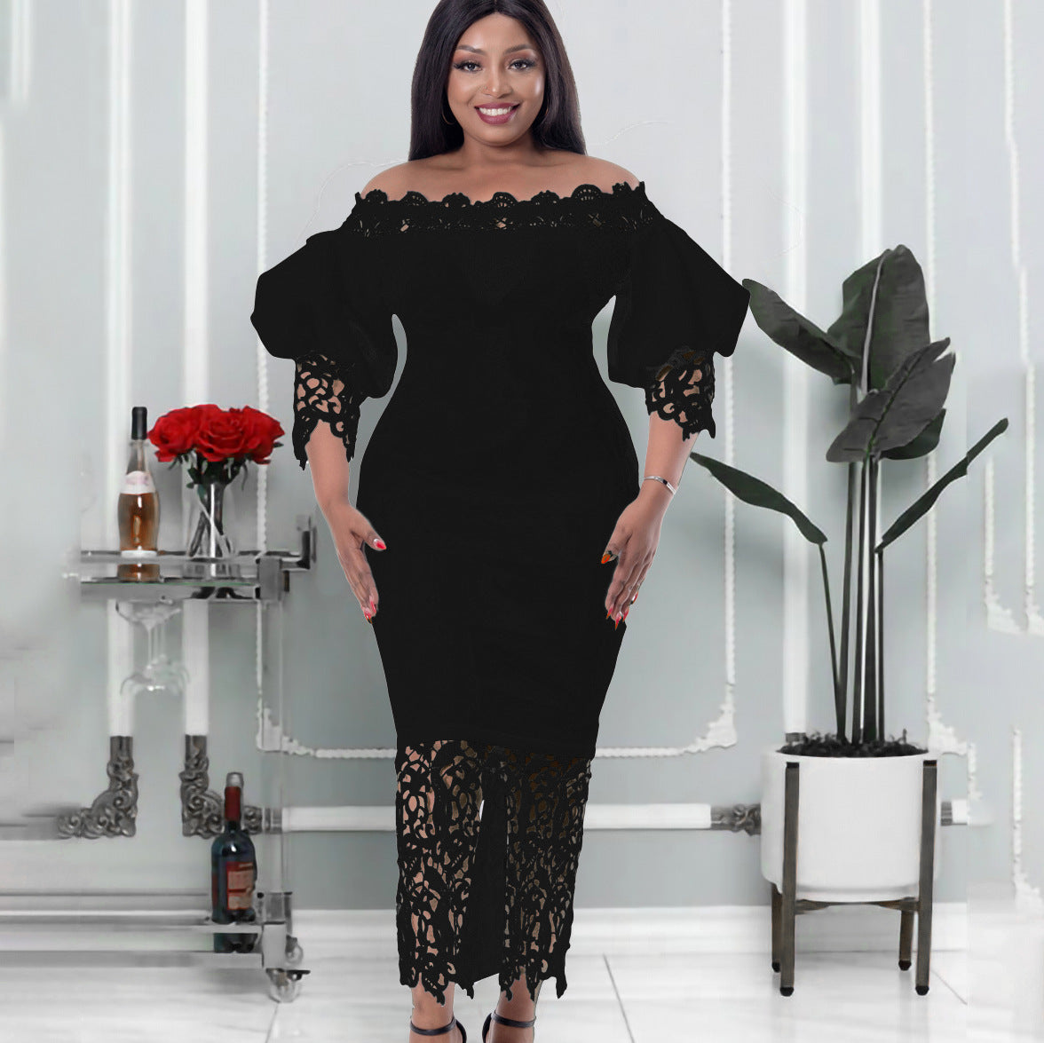 Lace Sleeve Lantern Sleeve Dress