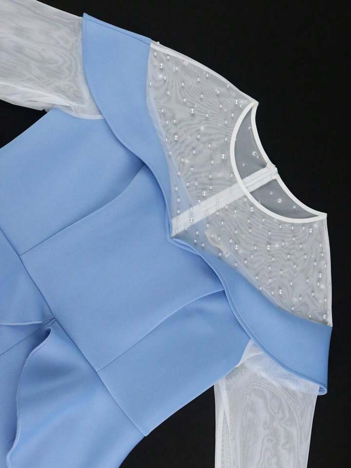 Beaded See Through Sleeve Peplum Dress