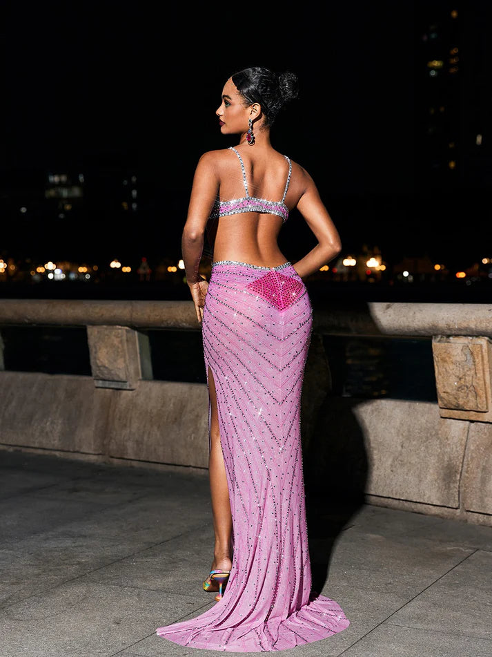 Stunning Grey Crystal Cut Out Hot Pink Dress