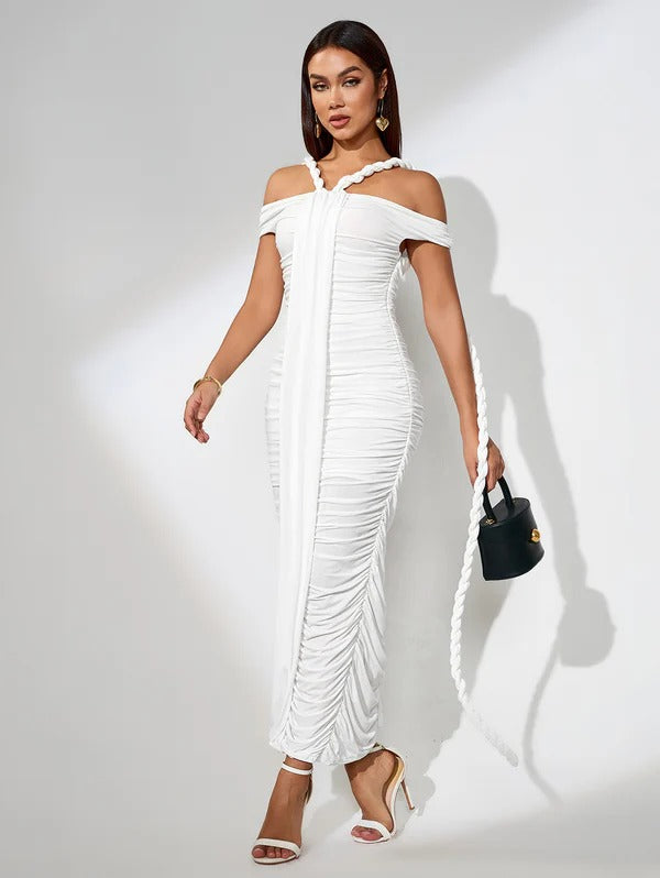 DRAPED OFF THE SHOULDER RUCHED DRESS