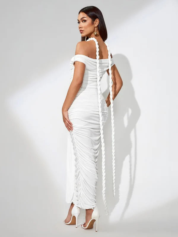 DRAPED OFF THE SHOULDER RUCHED DRESS