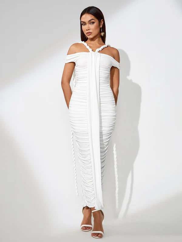 DRAPED OFF THE SHOULDER RUCHED DRESS