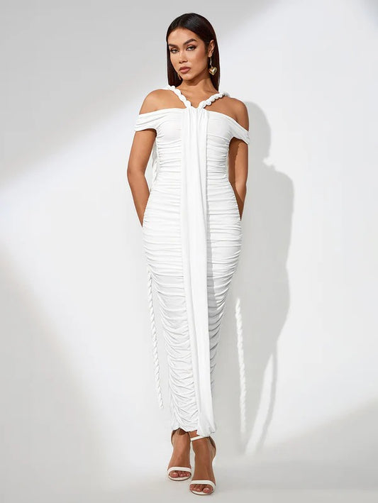 DRAPED OFF THE SHOULDER RUCHED DRESS