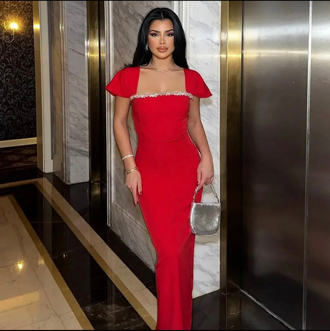 Square Collar Rhinestone Bandage Dress