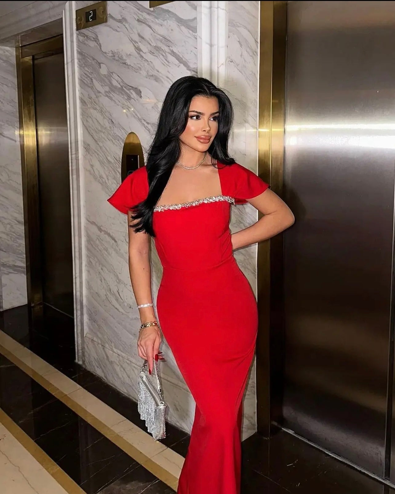Square Collar Rhinestone Bandage Dress