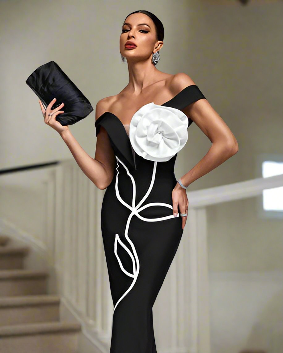 Off The Shoulder Oversized 3D Flower Midi Bandage Dress
