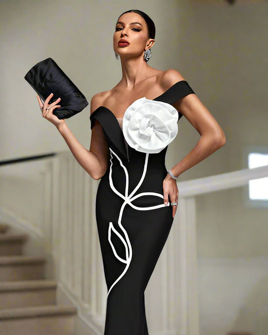 Off The Shoulder Oversized 3D Flower Midi Bandage Dress