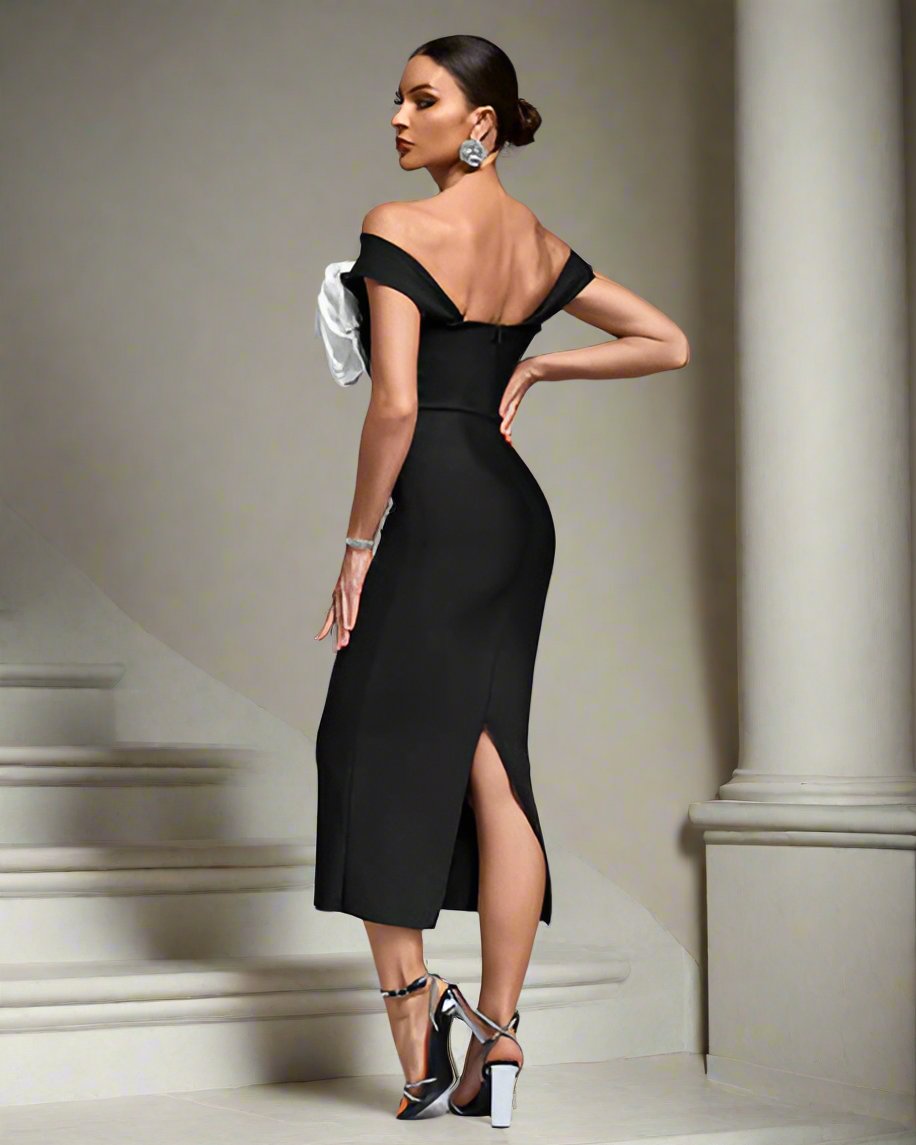 Off The Shoulder Oversized 3D Flower Midi Bandage Dress
