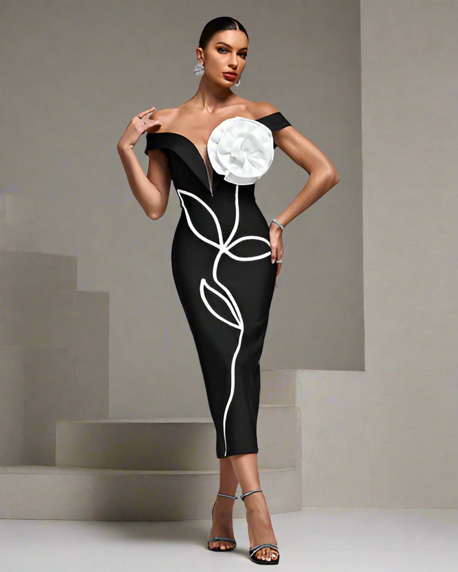 Off The Shoulder Oversized 3D Flower Midi Bandage Dress