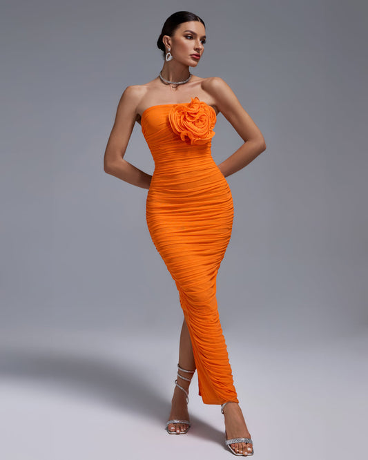 3D Flower Ruched Strapless Dresses