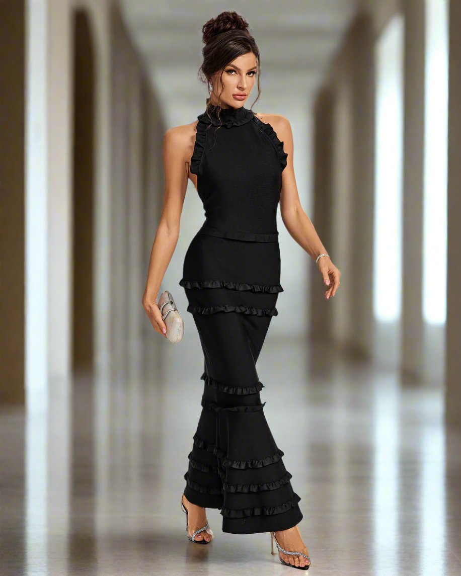 Halter Open Back Ruffle Mermaid Bandage Dresses