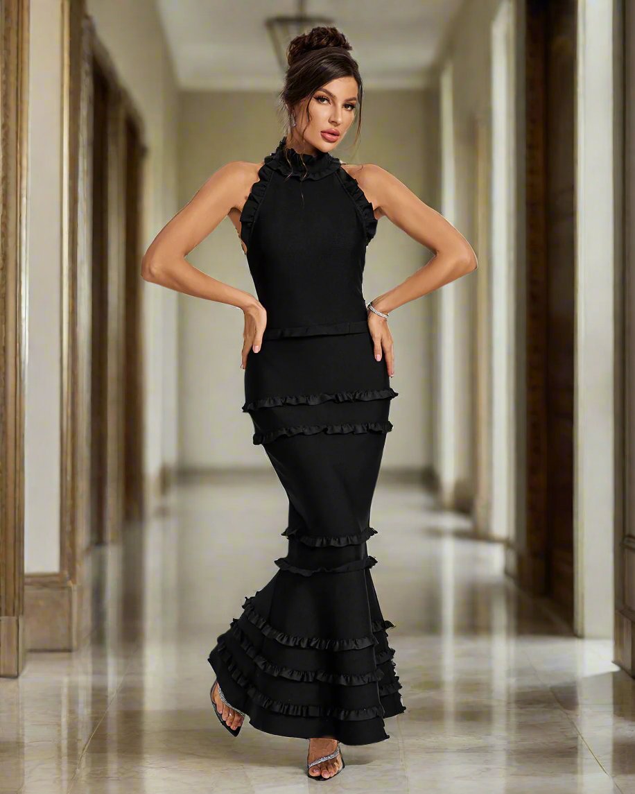 Halter Open Back Ruffle Mermaid Bandage Dresses