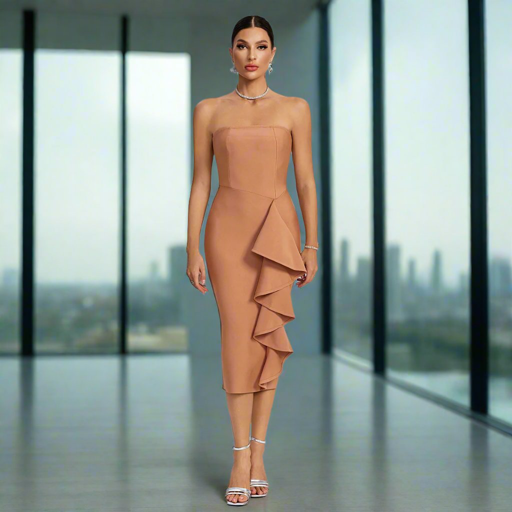 Strapless Ruffle Draped Bandage Dress