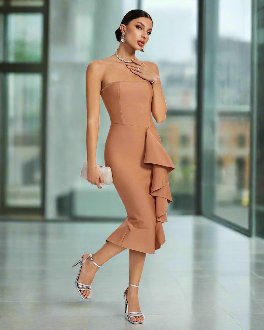 Strapless Ruffle Draped Bandage Dress