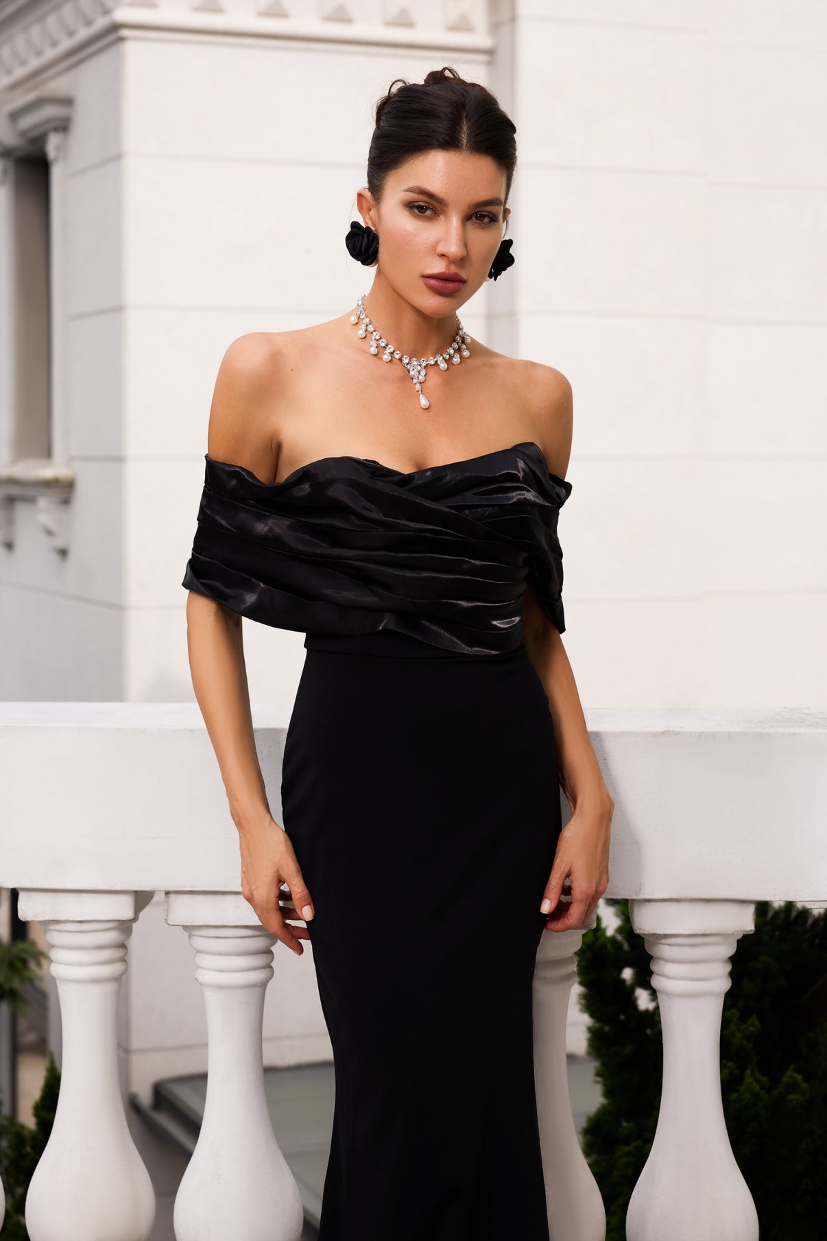 Ruffle Off The Shoulder High Slit Ball Gown