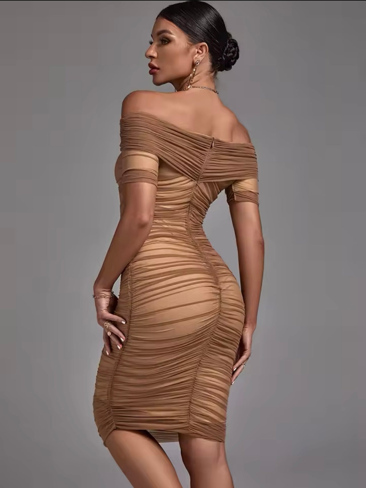 Brown Mesh Ruched Dress