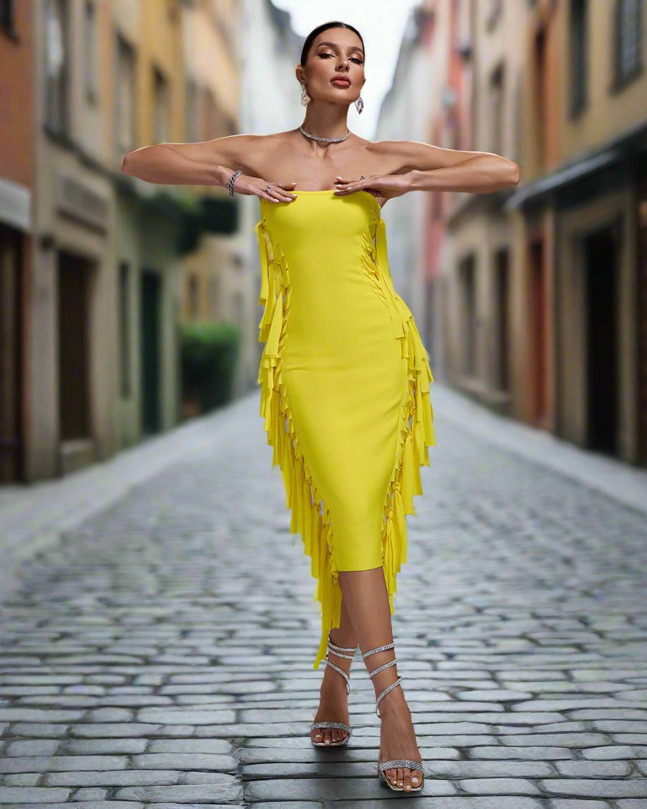 Luxury Yellow  Fringe  Bandage Dress