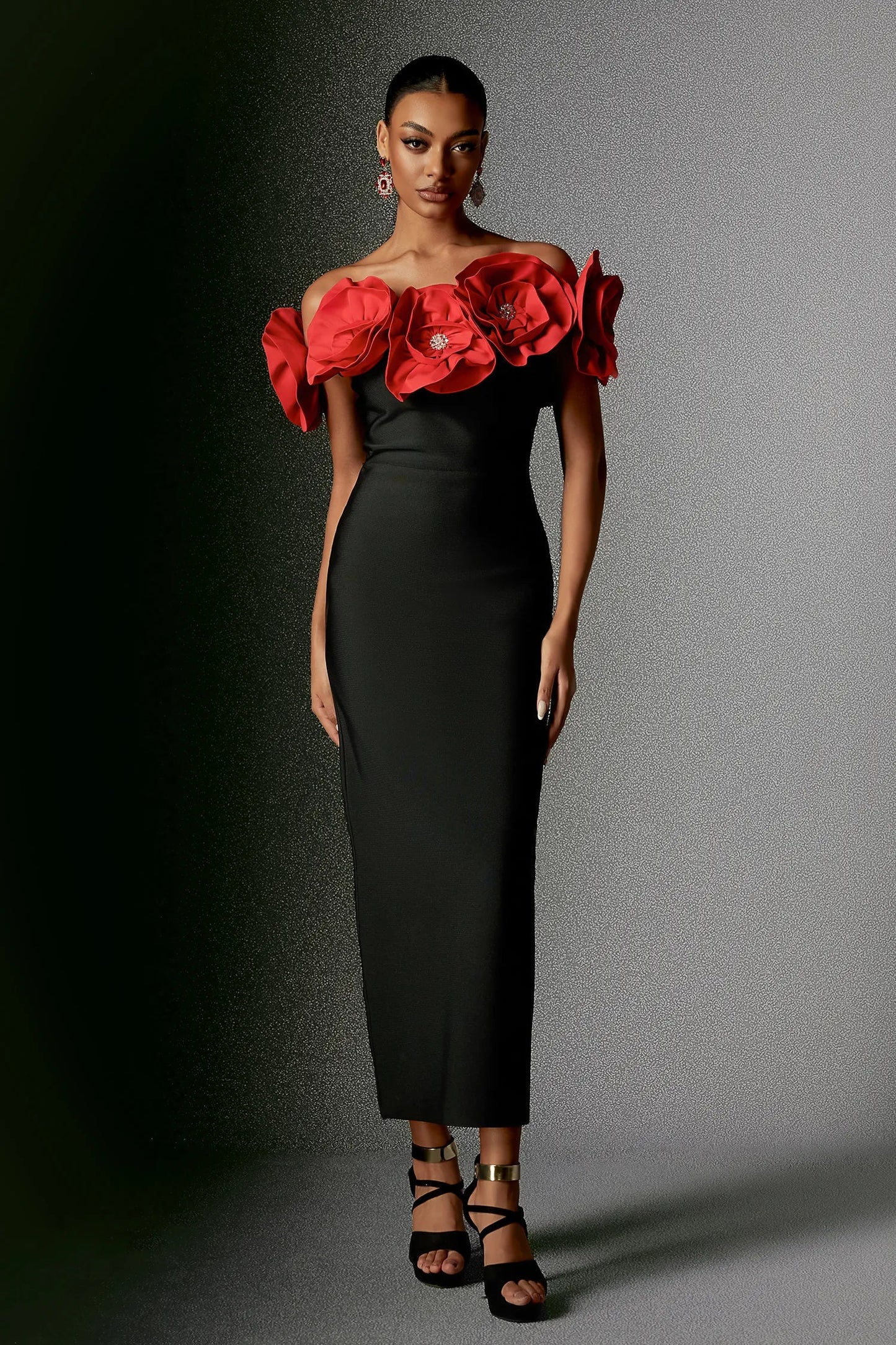 Off Shoulder Rose Design Bandage Dress