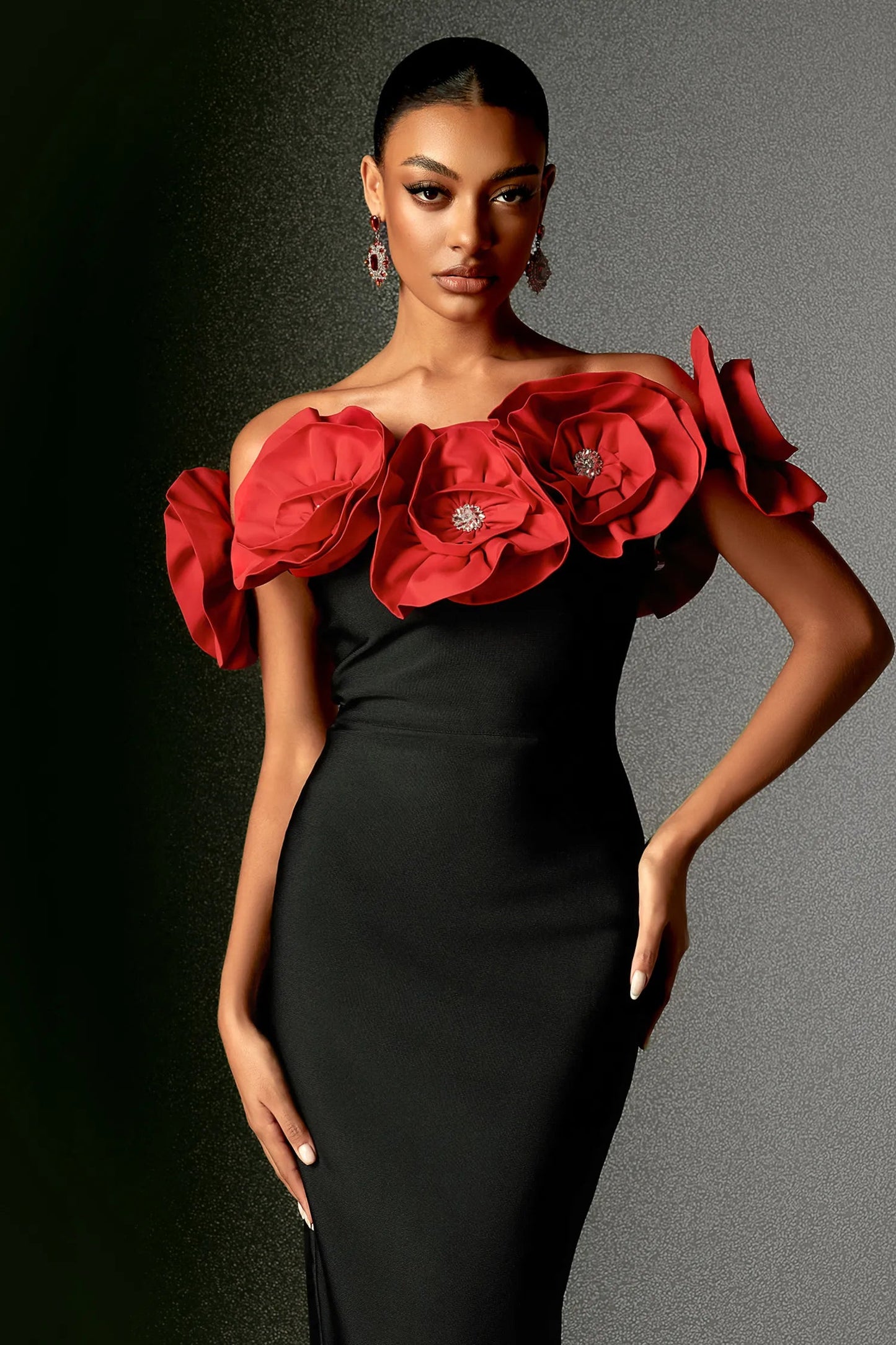 Off Shoulder Rose Design Bandage Dress