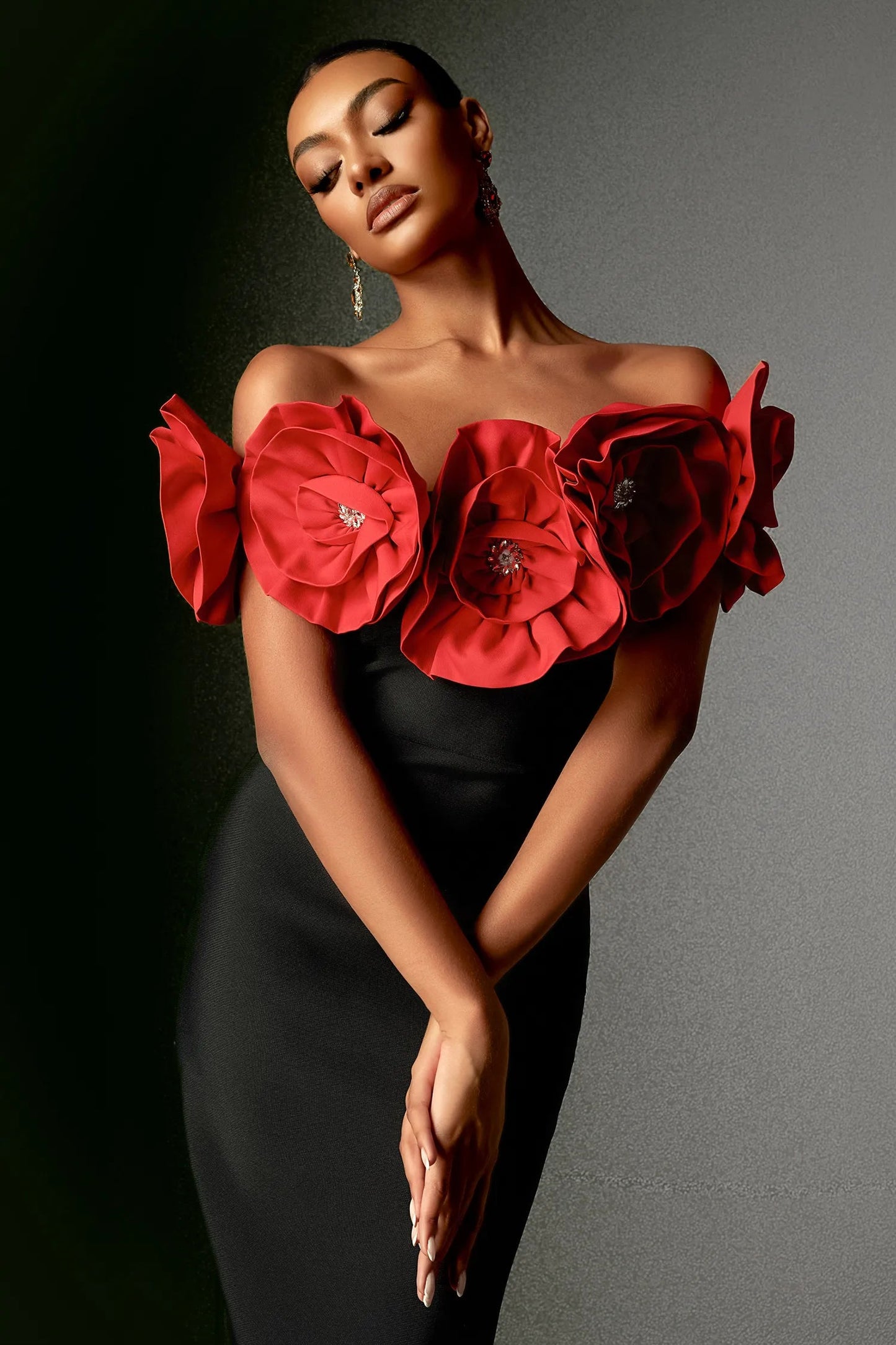 Off Shoulder Rose Design Bandage Dress
