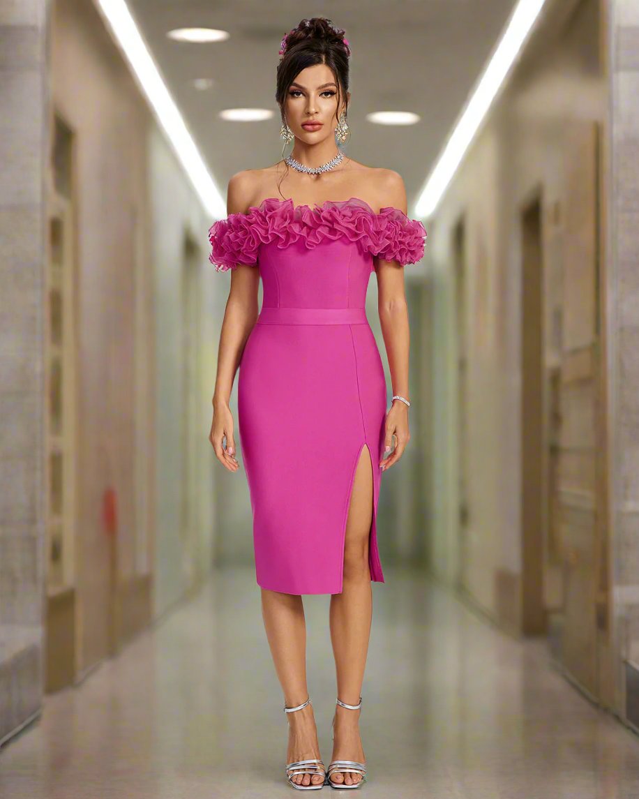 Shoulder Ruffle Trim Bandage Dress